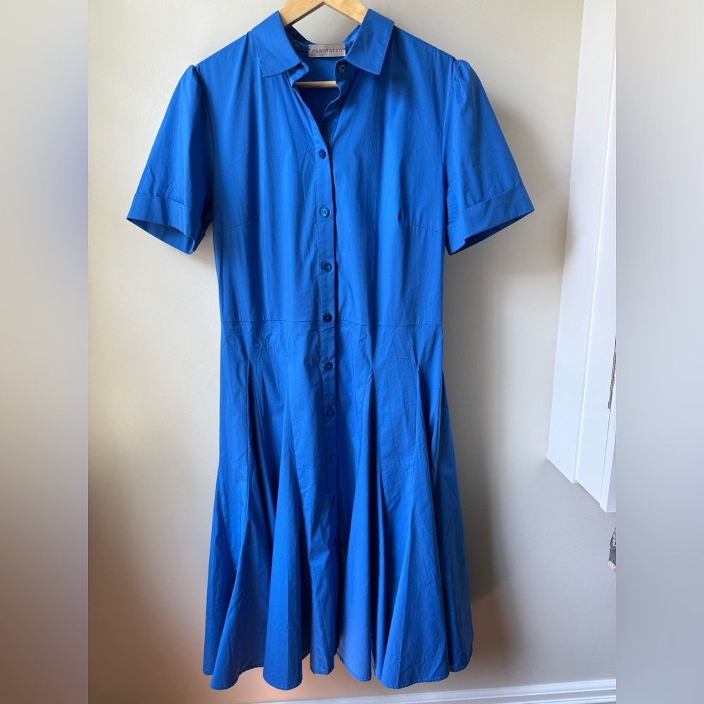 PUROTATTO‎ Blue Shirt Dress Italy Designer Luxury Summer Preppy Midi Classic M 6